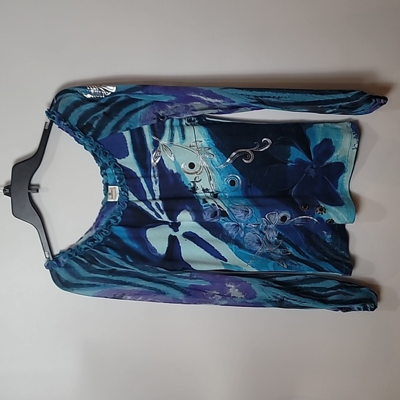 Forbidden Blue Ruffle Neck-line Sheer Balloon Sleeves Blouse - Picture 11 of 17